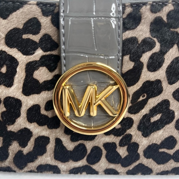 Michael Kors Carmen Small Gray Leather Leopard Haircalf Pouchette Handbag Purse - Picture 2 of 9